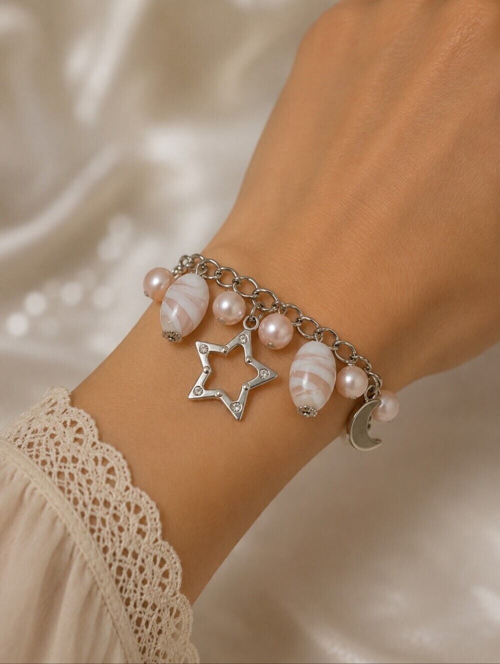 Celestial Star & Moon Pink Glass Beaded Charm Chain Bracelet Anklet